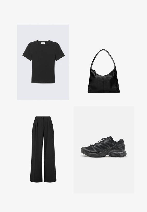 Črna kratka majica s kratkimi rokavi iz mehke bombažne tkanine, s krožnim izrezom okoli vratu in običajnim krojem, brez vidnih vzorcev ali poudarkov.; Črne široke hlače z visokim pasom, sprednjimi gubami in enim gumbom za zapiranje. Gladka tkanina s čistim, minimalističnim oblikovanjem.; Črne tekaške čevlje z mrežasto in sintetično zgornjimi deli, prilagodljivim podplatom ter elastičnimi vezalkami. Imajo oblazinjen srednji podplat za udobje.; Črna usnjena torba za ramo z gladko teksturo, ukrivljenim vrhom in enim trakom. Ima zadrgo in minimalističen dizajn.