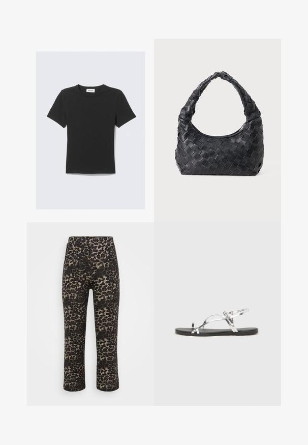 Črna kratka majica s kratkimi rokavi iz mehke bombažne tkanine, s krožnim izrezom okoli vratu in običajnim krojem, brez vidnih vzorcev ali poudarkov.; Hlače z leopardjim vzorcem v črni in bež barvi, s pravočrnimi kroji, elastičnim pasom in gladko teksturo.; Srebrne metalne sandale s minimalističnim dizajnom, ki vključujejo tanke trakove in črno ravno podplato. Izpostavljajo se prečkasti trakovi.; Črna usnjena torba za čez ramo z pletenim vzorcem, zaobljenim ročajem in oblika crescent na enobarvni podlagi.