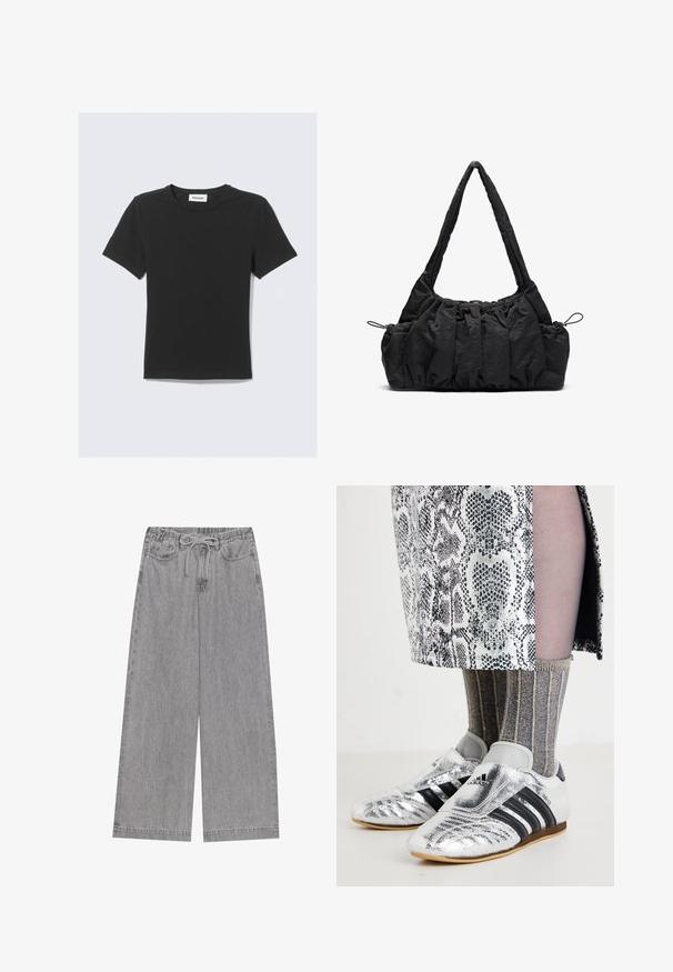 Musta lyhythihainen T-paita, valmistettu pehmeästä puuvillasta, jossa on pyöreä pääntie ja normaali istuvuus, ilman näkyviä kuvioita tai korostuksia.; Harmaat leveät farkut, joissa on joustava vyötärö ja nauhakuja, kaksi etutaskua ja suorat lahkeet.; Hopeapohjaiset jalkapallokengät mustilla raidoilla ja tyylikkäällä muotoilulla, yhdistettynä teksturoituihin harmaisiin ja kultaisiin ribbisiin sekä kuviolliseen hameeseen.; Musta kangaskassi, jossa on rypistetty pinta, kaksi olkahihnaa ja narukiristys sivuilla. Sileä, kevyt materiaali.