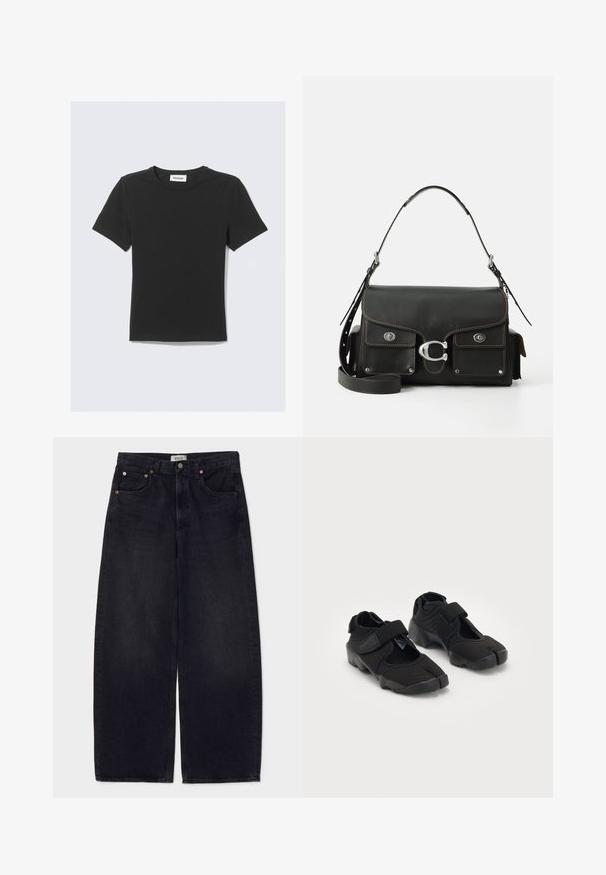 Čierne tričko s krátkym rukávom z jemnej bavlny, s okrúhlym výstrihom a klasickým strihom, bez viditeľných vzorov alebo zdobení.; Džínsy s širokým strihom v čiernej farbe, s medenými gombíkmi, dvoma prednými vreckami a hladkým povrchom. Čistý dizajn so rovnými nohavicami.; Čierne vodné topánky vyrobené z flexibilného materiálu s suchým zipsom, ktoré majú jedinečný dizajn s rozdelenými prstami a textúrovanú gumovú podrážku pre lepšiu priľnavosť.; Čierna kožená kabelka s klopou, striebornými kovovými prvkami, dvoma prednými vreckami, kontrastným prešívaním a odnímateľným ramenným popruhom.; Strieborné quartz hodinky Casio s obdĺžnikovým ciferníkom, analógovým a digitálnym zobrazením, nerezovým remienkom a vodoodolnými vlastnosťami.