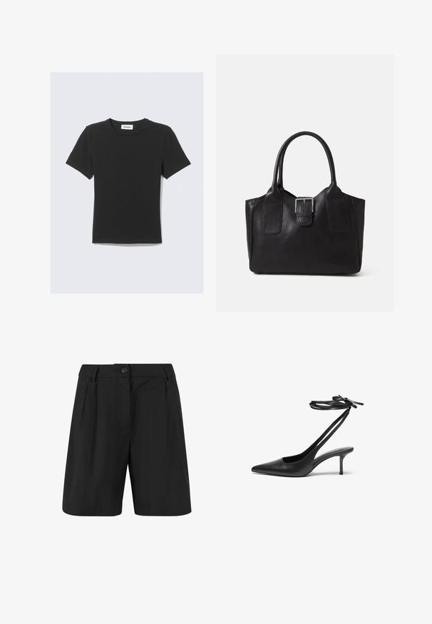 Mustast pehmest puuvillast lühikeste varrukatega T-särk, millel on ümara kaelusega ja regulaarne lõige, ilma nähtavate mustrite või aktsentideta.; Mustad lühikesed püksid, millel on kohandatud disain, ees olevad voldid, lame esiosa ja ühekordne nupu sulgemine. Sile kangatekstuuri.; Must musta stiletto kingad terava ninaga, avatud seljaosa ja pahkluu rihmadega, mis on seotud kaareks. Kitsa 3-tollise kontsaga. Sile tekstuur, minimalistlik disain.; Mustgamma nahast kott, millel on sile tekstuur, struktureeritud kuju, kaks käepidet ja esiküljel silmapaistev hõbedane pandla detail.