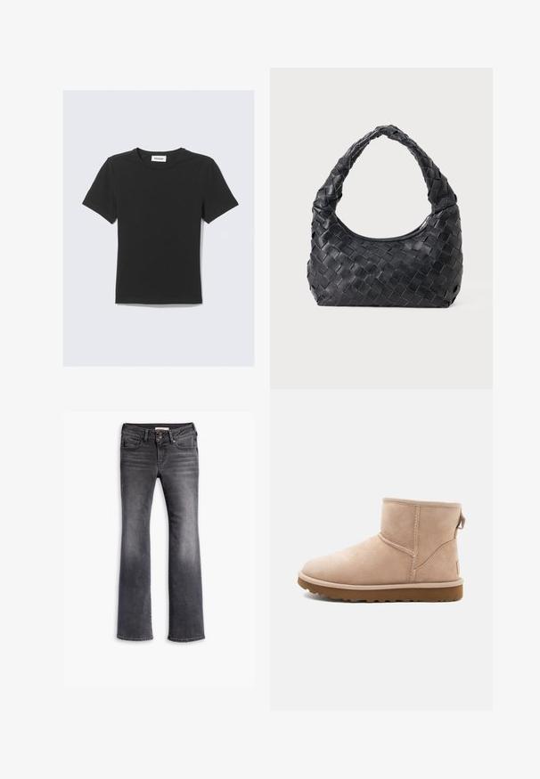 Camiseta preta de manga curta feita de algodão macio, com decote redondo e ajuste regular, sem padrões ou detalhes visíveis.; Calças flare em denim cinza escuro, com fecho de botão, cinco bolsos, desbotamento subtil e costura de contraste nas costuras.; Bota de tornozelo em camurça bege com bico arredondado, detalhes de costura e uma sola de borracha castanha texturizada. Apresenta uma alça na parte de trás.; Bolsa de ombro tecida em pele preta com uma pega arredondada e corpo em forma de crescente, sobre um fundo liso.