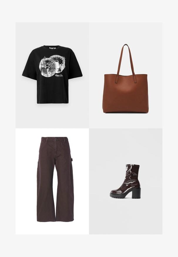 Črna kratka majica s kratkimi rokavi, ki prikazuje dva srebrna odboja disko krogle in besedilo "Disco Fever Noč Partija" v belem spodaj pod obliko.; Rjavi tovorni hlače širokih nogavic, izdelane iz trdnega materiala. Imajo stranske žepke in gumbasti zapenjanje. Enostavni šivi.; Sijajan škrlatank z bleščečim videzom, z masivnim črnim peto, ki se ponaša z gladko teksturo in preprostim dizajnom. Brez vidnih zapenjal ali vzorcev.; Rjava usnjena torba z gladko teksturo, odprto zasnovo zgoraj in dvema naramnima trakovoma. Opremljena je z minimalnim šivanjem in brez vidnih kovinskih delov.