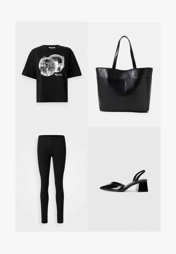 Čierne tričko s krátkym rukávom s dvoma striebornými potlačami disko gule a textom "Disco Fever Night Party" v bielej farbe pod dizajnom.; Čierne legíny vyrobené z jemnej a elastickej látky. Majú úzky strih s elastickým pásom a hladkou matnou textúrou.; Čierne lakované kožené sandálové podpätky s špicatou špičkou a geometrickým blokovým podpätkom. Disponujú elegantným, minimalistickým dizajnom a hladkým povrchom.; Čierna kožená tote taška s dvoma dlhými rúčkami, hladkým povrchom a štruktúrovaným tvarom. Obsahuje prednú kapsu pre dodatočné uskladnenie.