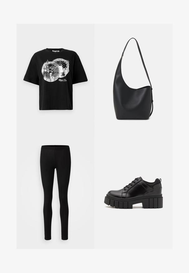 Tricou negru cu mânecă scurtă ce prezintă două imprimeuri cu bile disco argintii și textul "Disco Fever Night Party" în alb dedesubt.; Colanți negri realizați dintr-un material moale și elastic. Au o croială slim, cu talie elastică și o textură netedă, mată.; Pantofi cu talpă plată din piele neagră, cu toc gros, vârf rotund și design tradițional cu șireturi. Prezintă o textură netedă și detalii minime.; Geantă hobo din piele neagră, cu o textură netedă, formă curbată și un singur bretele ajustabil; are o deschidere largă în partea de sus.