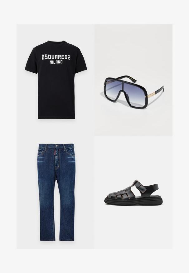 T-shirt preta de manga curta com texto branco "DSQUARED2 MILANO" centrado no peito, gola redonda e bainha direita.; Jeans de denim azul escuro com um corte reto, apresentando um desbotamento leve, costura amarela, bolsos frontais e fecho com botão.; Sandalas de couro preto com um design trançado, apresentando correias ajustáveis, detalhes metálicos e uma sola preta grossa para estabilidade.; Óculos de sol oversized pretos com lentes púrpura em degradé, acabamento brilhante e detalhes em dourado nas hastes. Forma de armação retangular.