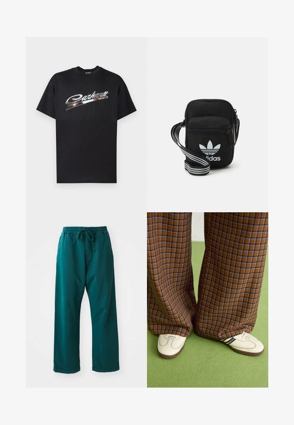 Svart bomulls-T-skjorte med en blank "Carhartt"-logo i stilisert sølvskrift over brystet, korte ermer og rund hals.; Teal vide bukser laget av mykt stoff, med elastisk midjebånd og snor for justerbar passform og en jevn tekstur.; Brune og blå rutete vide bukser sammen med hvite sko med svarte detaljer og teksturerte såler, satt mot en grønn bakgrunn.; Svart stoff crossbody veske med glidelås, med en hvit Adidas-logo og enstripet justerbar stropp for enkel bæring.
