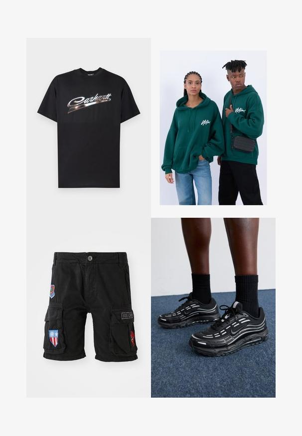 Svart bomulls-T-skjorte med en blank "Carhartt"-logo i stilisert sølvskrift over brystet, korte ermer og rund hals.; Svart cargo shorts laget av bomull, med flere lommer, broderte lapper i rødt, blått og grønt, og en knappelukking i livet.; Sorte Nike-sko har en mesh-overdel med aksentstriper, teksturert snøring og en svart gummisåle. Brukt med svarte ribbede sokker.; Grønne hettegensere med frontlommer, løs passform. En modell har på seg svarte jeans, den andre bærer en svart crossbody-veske.