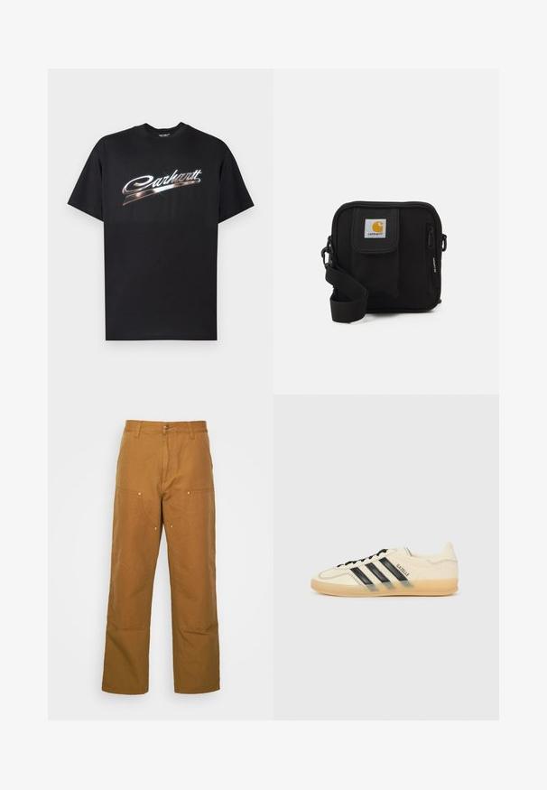 Tricou negru din bumbac, cu un logo lucios "Carhartt" în litere argintii stilizate pe piept, mâneci scurte și guler rotund.; Pantaloni utilitari din bumbac maro, cu un design drept, având buzunare frontale și accente din metal pentru o durabilitate sporită.; Tenis cu crem deschis, cu design cu trei dungi negre, parte superioară texturată, vârf rotund și talpă din cauciuc. Include șireturi și branding pe lateral.; Geantă de umăr neagră, cu un compartiment principal cu fermoar, buzunar frontal, curea ajustabilă și un logo vizibil pe capac.
