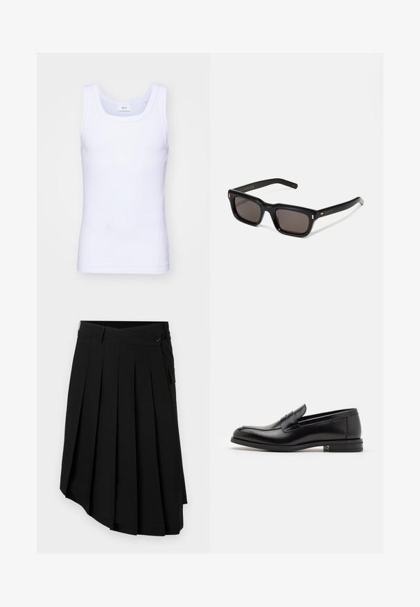 Weißes Baumwoll-Top ohne Ärmel mit rundem Ausschnitt, ausgestattet mit einer glatten Textur und einer figurbetonten Form, ideal für die Freizeit.; Feng Chen Wang PLEATED MIDI SKIRT - Shorts - black; Schwarze Lederloafers mit glatter Textur, rundem Zehenbereich und einem dekorativen Riemen über dem Vorderfuß. Niedriger, gestapelter Absatz, minimalistisches Design.; Schwarze rechteckige Sonnenbrille mit dunklen Gläsern, dickem Kunststoffrahmen, goldenen Akzenten an den Bügeln und eingraviertem Markenlogo am Arm.
