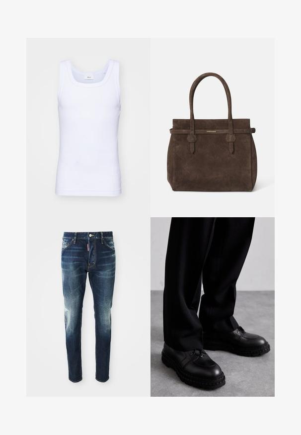 Balti medvilninė be rankovių marškinėliai su apvaliu iškirpimu, pasižymintys lygiu tekstūru ir prigludusia forma, skirti kasdieniam dėvėjimui.; Tamsiai mėlynos džinsinės kelnės su siauru sijonu, su išblukusiomis vietomis ant šlaunų ir kelių, penkiais kišenėmis ir metaliniu mygtuko uždarymu.; Juodos odinės bateliai su apvaliu nosiu, tekstūruotu viršumi, su raišteliais ir storu gumuoto pado, turinčiu rašto modelį. Dėvimi su juodomis kelnėmis.; Tamsiai ruda zomšinė rankinė su dviem rankenomis ir horizontaliu diržu, kuriame yra mažas auksinis DSQUARED2 logotipo ženklelis.