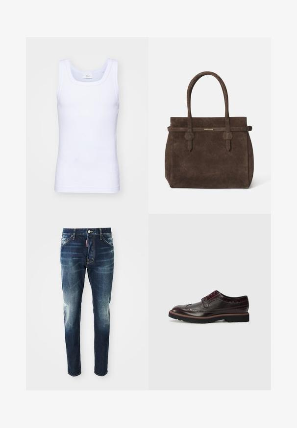 Biela bavlnená tielko bez rukávov s okrúhlym výstrihom, s hladkou textúrou a priliehavým strihom, navrhnuté pre neformálne nosenie.; Tmavomodré džínsy so slim fit strihom, s bledšími miestami na stehnách a kolenách, piatimi vreckami a kovovým zapínaním.; Hnedé kožené brogues s perforovanými detailami, okrúhlou špičkou, textilnými akcentmi a čiernou gumovou podrážkou s farebným okrajom.; Tmavohnedá semišová taška s dvoma uchami a horizontálnym popruhom, ktorý obsahuje malú zlatú nášivku s logom DSQUARED2.