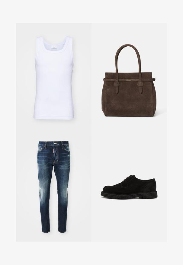 Weißes Baumwoll-Top ohne Ärmel mit rundem Ausschnitt, ausgestattet mit einer glatten Textur und einer figurbetonten Form, ideal für die Freizeit.; Dunkelblaue Jeans im Slim-Fit-Schnitt, mit verwaschenen Stellen an den Oberschenkeln und Knien, fünf Taschen und einem Metallknopfverschluss.; The Antipode DERBY - Schnürer - black; Dunkelbraune Wildledertasche mit doppelten Griffen und einem horizontalen Riemen, der mit einem kleinen goldenen DSQUARED2-Logo-Plakette versehen ist.