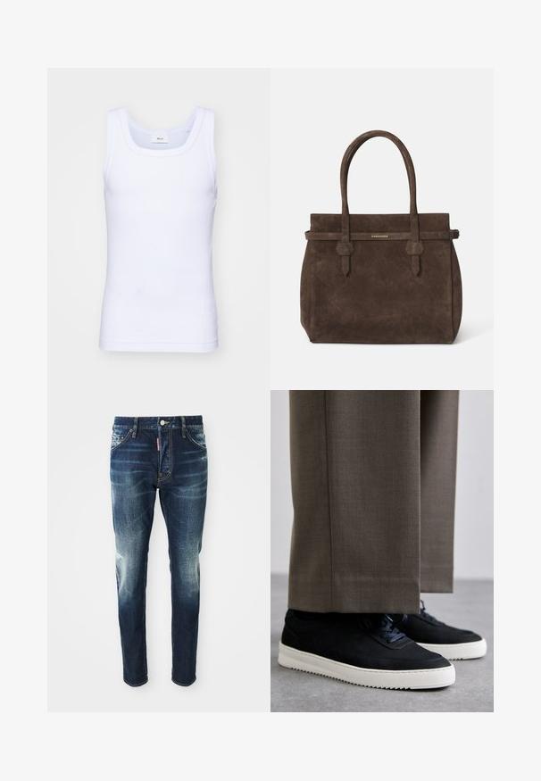 White cotton sleeveless tank top with a round neckline, featuring a smooth texture and a fitting shape, designed for casual wear.; Dark blue denim jeans with a slim fit, featuring faded areas on the thighs and knees, five pockets, and a metal button closure.; Black suede sneakers with white rubber soles, featuring a rounded toe and laces, worn with gray tailored pants.; Dark brown suede tote bag with dual handles and a horizontal strap featuring a small gold DSQUARED2 logo plaque.