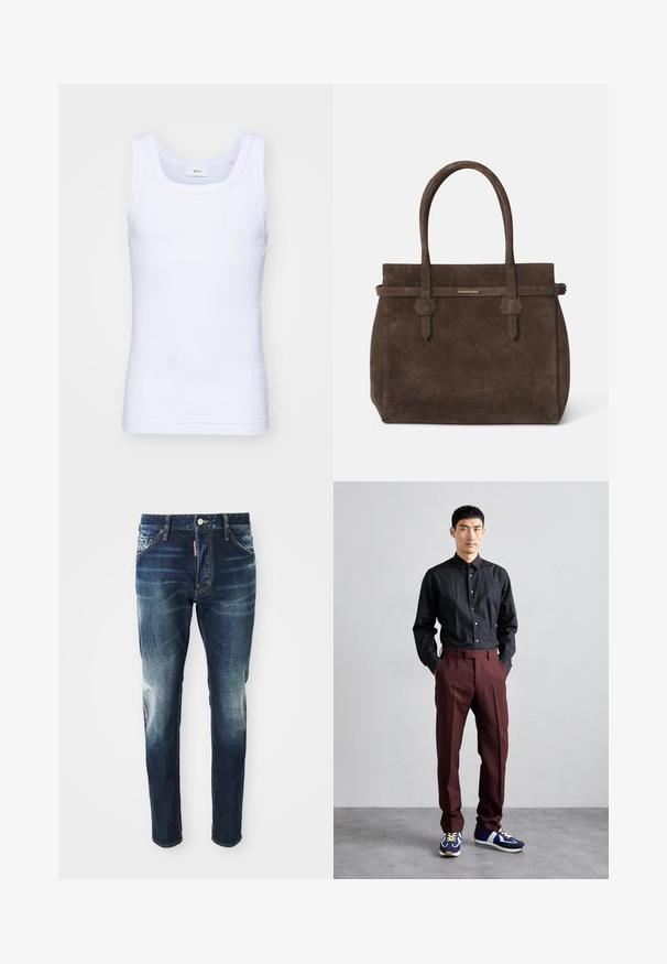 Bílé bavlněné tílko bez rukávů s kulatým výstřihem, s hladkou texturou a přiléhavým střihem, navržené pro volnočasové nošení.; Tmavě modré džíny s úzkým střihem, se zesvětlenými místy na stehnech a kolenou, pěti kapsami a kovovým zapínáním na knoflík.; Černá košile s dlouhým rukávem a knoflíky, doplněná vysokými burgundskými kalhotami a modrými teniskami se zelenými akcenty. Modelka stojí s rukama v kapsách.; Tmavě hnědá semišová taška s dvojitými uchy a horizontálním popruhem se štítkem s malým zlatým logem DSQUARED2.