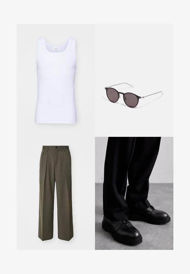 Biała bawełniana koszulka bez rękawów z okrągłym dekoltem, charakteryzująca się gładką fakturą i dopasowanym krojem, zaprojektowana do noszenia na co dzień.; Filippa K - Spodnie materiałowe; Czarne skórzane buty z okrągłym noskiem, teksturowaną cholewką, sznurowanym designem i grubą gumową podeszwą z bieżnikiem. Noszone z czarnymi spodniami.; Czarne okrągłe okulary przeciwsłoneczne z ciemnymi soczewkami i smukłymi metalowymi ramkami. Zawierają przezroczyste końcówki zauszników oraz srebrne akcenty przy zawiasie. Minimalistyczny design.
