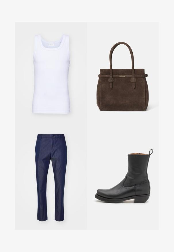 Bílé bavlněné tílko bez rukávů s kulatým výstřihem, s hladkou texturou a přiléhavým střihem, navržené pro volnočasové nošení.; Tmavě modré džíny s rovnými nohavicemi, zipem a poutky na opasek, vyznačující se hladkou texturou a minimálními detailem šití.; Černá kožená kotníková bota s hladkým povrchem, štíhlým profilem, bočním prošíváním a nízkým čtvercovým podpatkem. Obsahuje poutko na zadní straně.; Tmavě hnědá semišová taška s dvojitými uchy a horizontálním popruhem se štítkem s malým zlatým logem DSQUARED2.