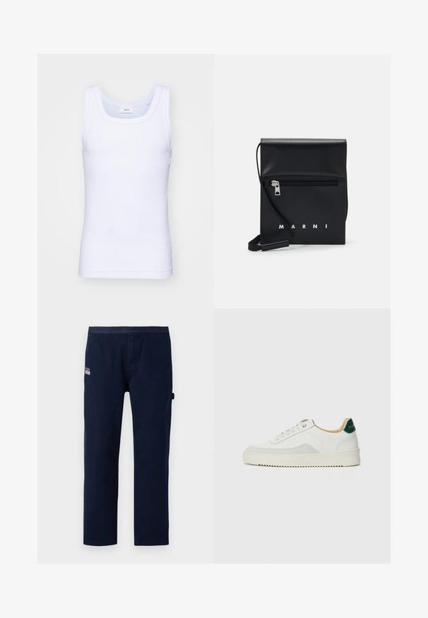 Balta kokvilnas bez piedurknēm tank top krekliņš ar apaļu kakla izgriezumu, ar gludu tekstūru un pieguļošu formu, paredzēts ikdienas valkāšanai.; Tumši zila kokvilnas bikses ar taisnu kāju dizainu, ar priekšējo kabatu un nelielu zīmola etiķeti uz jostas.; Baltas sneakers ar zamša akcentiem, noapaļota purngala, plakaniem auklām un krēmkrāsas gumijas zoli. Ar zaļu zīmolu uz papēža.; Melnas ādas plecu soma ar rāvējslēdzēja priekšējo kabatu, iepresēto logotipu un regulējamu siksnu. Raita tekstūra ar strukturētu formu.