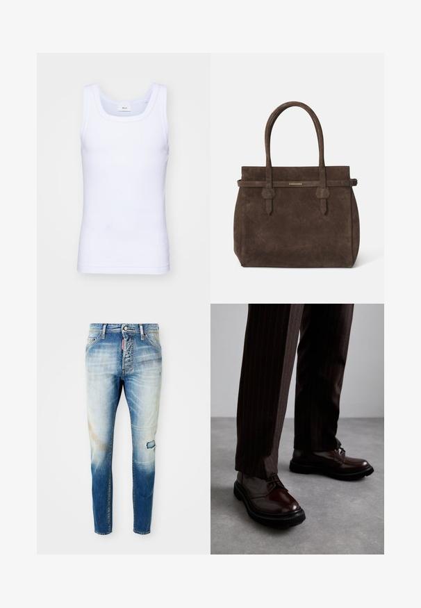 Weißes Baumwoll-Top ohne Ärmel mit rundem Ausschnitt, ausgestattet mit einer glatten Textur und einer figurbetonten Form, ideal für die Freizeit.; Hellblaue, verwitterte Slim-Fit-Jeans mit einem kleinen Riss am rechten Oberschenkel und einem roten Markenetikett nahe dem vorderen Reißverschluss.; Braune Leder Schnürschuhe mit glänzender Oberfläche, schwarzer Gummisohle und dezenten Nähten. Getragen mit braunen Angabenhosen mit Nadelstreifen.; Dunkelbraune Wildledertasche mit doppelten Griffen und einem horizontalen Riemen, der mit einem kleinen goldenen DSQUARED2-Logo-Plakette versehen ist.