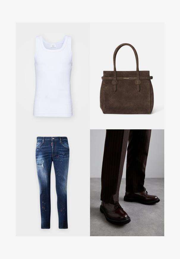 Fehér pamut ujjatlan trikó kerek nyakkivágással, sima textúrával és testhezálló fazonnal, amelyet hétköznapi viseletre terveztek.; Sötétkék farmernadrág, slim fit szabással, kopott foltokkal és fehér, valamint piros festékszórásos részletekkel. Klasszikus öt zsebes dizájn.; Barna bőrből készült, fényezett felületű, fűzős cipők, fekete gumitalppal és diszkrét varrásokkal. Csíkos barna nadrággal viselve.; Sötétbarna velúr tote táska dupla fogantyúval és vízszintes pánttal, melyen egy kis arany DSQUARED2 logo tábla található.