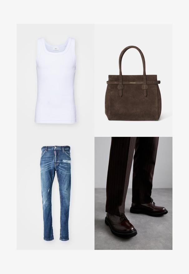 Balta kokvilnas bez piedurknēm tank top krekliņš ar apaļu kakla izgriezumu, ar gludu tekstūru un pieguļošu formu, paredzēts ikdienas valkāšanai.; Zilas džinsu bikses ar nolietotu dizainu. Iekļauj izbalēšanu, vieglu nodilumu un mazu plīsumu kreisajā augšstilbā. Taisna kāja.; Brūni ādas šņorējami apavi ar spīdīgu apdari, melna gumijas zole un smalki satīti šuvumi. Valkāti ar svītrainām brūnām biksēm.; Tumši brūns zamšains somiņas ar divām rokturiem un horizontālu siksnu, kurai ir neliels zelta DSQUARED2 logotipa plāksne.