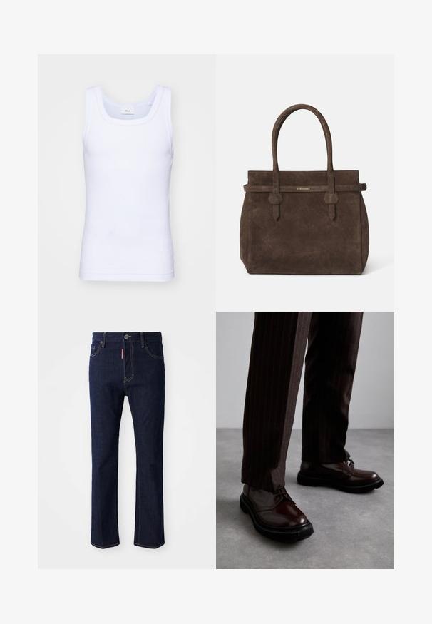 Balti medvilninė be rankovių marškinėliai su apvaliu iškirpimu, pasižymintys lygiu tekstūru ir prigludusia forma, skirti kasdieniam dėvėjimui.; Tamsiai mėlyni džinsai su tiesiomis kojomis, matoma siūlų struktūra, mygtukų užtrauktukas ir keturios kišenės, įskaitant mažą monetų kišenę.; Rudos odinės bateliai su raišteliais, blizgiu paviršiumi, juoda gumine absorbcija ir subtilia siūle. Dėvimi su rudos spalvos dryžuotomis kelnių.; Tamsiai ruda zomšinė rankinė su dviem rankenomis ir horizontaliu diržu, kuriame yra mažas auksinis DSQUARED2 logotipo ženklelis.