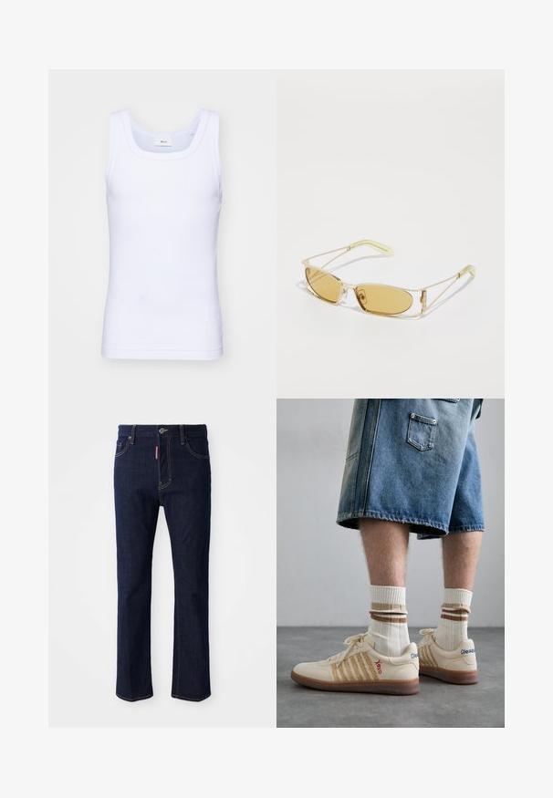 White cotton sleeveless tank top with a round neckline, featuring a smooth texture and a fitting shape, designed for casual wear.; Dark blue denim jeans with a straight leg, visible stitching, a button closure, and four pockets, including a small coin pocket.; Beige retro sneakers with brown rubber sole, featuring striped accents and embroidered logos. Worn with white socks, striped brown detail.; Yellow-tinted sunglasses with a translucent gold frame, slim rectangular shape, and angular arms with light green accents.