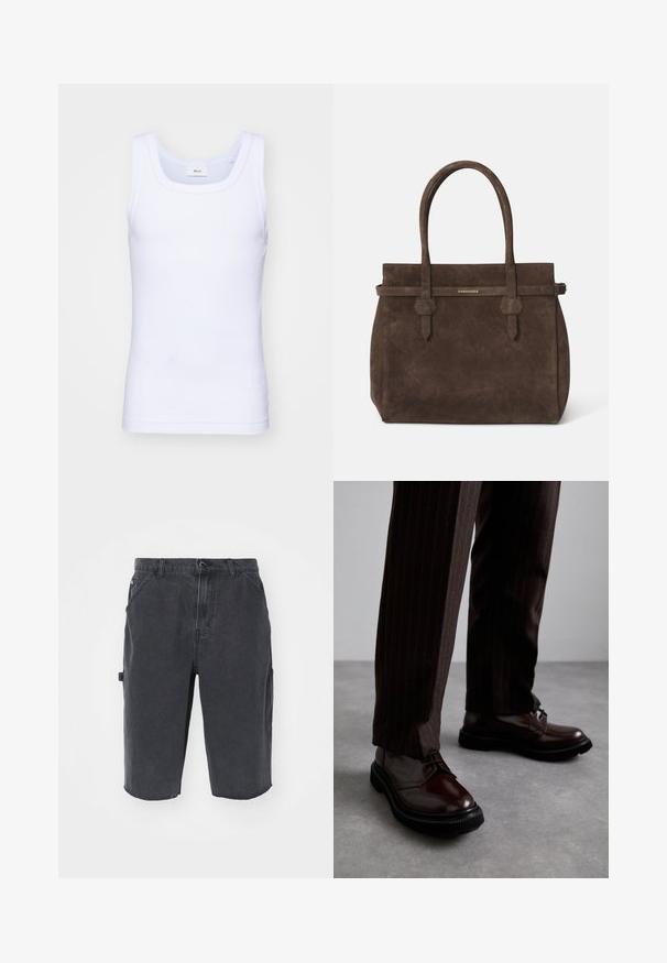 Camiseta sin mangas de algodón blanca con escote redondo, que presenta una textura suave y una forma ajustada, diseñada para el uso casual.; Pantalones cortos de mezclilla oscuros, tipo cargo, con corte recto, que cuentan con bolsillos laterales, costuras visibles y un dobladillo sin acabar. Tejido duradero y ligero.; Zapatos de cuero marrón con cordones y un acabado brillante, suela de goma negra y costuras sutiles. Llevados con pantalones marrón de rayas.; Bolsa tote de ante marrón oscuro con dos asas y una correa horizontal que presenta una pequeña placa de logo dorado de DSQUARED2.