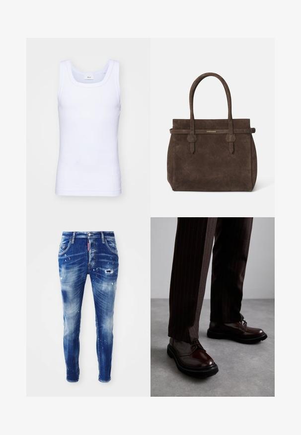White cotton sleeveless tank top with a round neckline, featuring a smooth texture and a fitting shape, designed for casual wear.; Skinny fit blue denim jeans with faded wash, paint splatter detailing, distressed patches, and five-pocket design. Red brand label on waistband.; Brown leather lace-up shoes with a glossy finish, black rubber sole, and subtle stitching. Worn with pinstriped brown trousers.; Dark brown suede tote bag with dual handles and a horizontal strap featuring a small gold DSQUARED2 logo plaque.