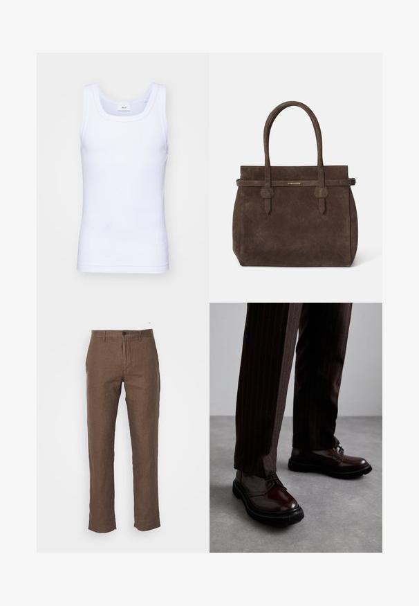 Witte katoenen mouwloze tanktop met een ronde halslijn, met een gladde textuur en een aansluitende pasvorm, ontworpen voor casual gebruik.; NN.07 THEO - Broek - brown; Bruine leren veterschoenen met een glanzende afwerking, zwarte rubberen zool en subtiele stiksels. Draag ze met bruin gestreepte broek.; Donkerbruin suède tote bag met dubbele handvatten en een horizontale strap met een klein gouden DSQUARED2 logo plaatje.