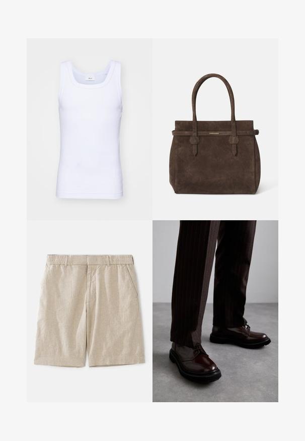 Witte katoenen mouwloze tanktop met een ronde halslijn, met een gladde textuur en een aansluitende pasvorm, ontworpen voor casual gebruik.; Beige linnen shorts met een losse pasvorm, voorzien van een elastische tailleband en zijzakken. Glad textuur met een subtiel geweven patroon.; Bruine leren veterschoenen met een glanzende afwerking, zwarte rubberen zool en subtiele stiksels. Draag ze met bruin gestreepte broek.; Donkerbruin suède tote bag met dubbele handvatten en een horizontale strap met een klein gouden DSQUARED2 logo plaatje.