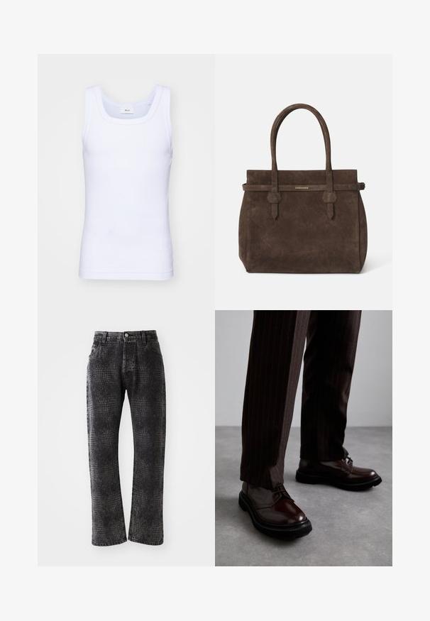 Balti medvilninė be rankovių marškinėliai su apvaliu iškirpimu, pasižymintys lygiu tekstūru ir prigludusia forma, skirti kasdieniam dėvėjimui.; Juodos džinsinės kelnės su tekstūruotu krokodilo raštu, tiesaus kirpimo, penkiomis kišenėmis ir metaliniu mygtuku bei užtrauktuku.; Rudos odinės bateliai su raišteliais, blizgiu paviršiumi, juoda gumine absorbcija ir subtilia siūle. Dėvimi su rudos spalvos dryžuotomis kelnių.; Tamsiai ruda zomšinė rankinė su dviem rankenomis ir horizontaliu diržu, kuriame yra mažas auksinis DSQUARED2 logotipo ženklelis.