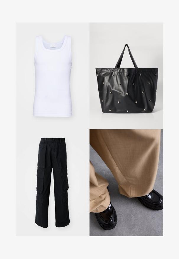 Bijela pamučna bezrukavna majica s okruglim izrezom, s glatkom teksturom i prilagođenim oblikom, dizajnirana za ležerno nošenje.; Crne cargo hlače širokog kroja s elastičnim pojasom, zatvaranjem na gumbi, velikim prednjim i bočnim flap džepovima, prikazane na bijeloj pozadini.; Bež hlače s teksturiranim završetkom, uparene s sjajnim crnim mokasinkama s debelim đonom i dodatnim šavovima.; Crna torba od glatkog sintetičkog materijala, s mekim teksturom i srebrnim dekorativnim zakovicama ravnomjerno raspoređenim po površini.