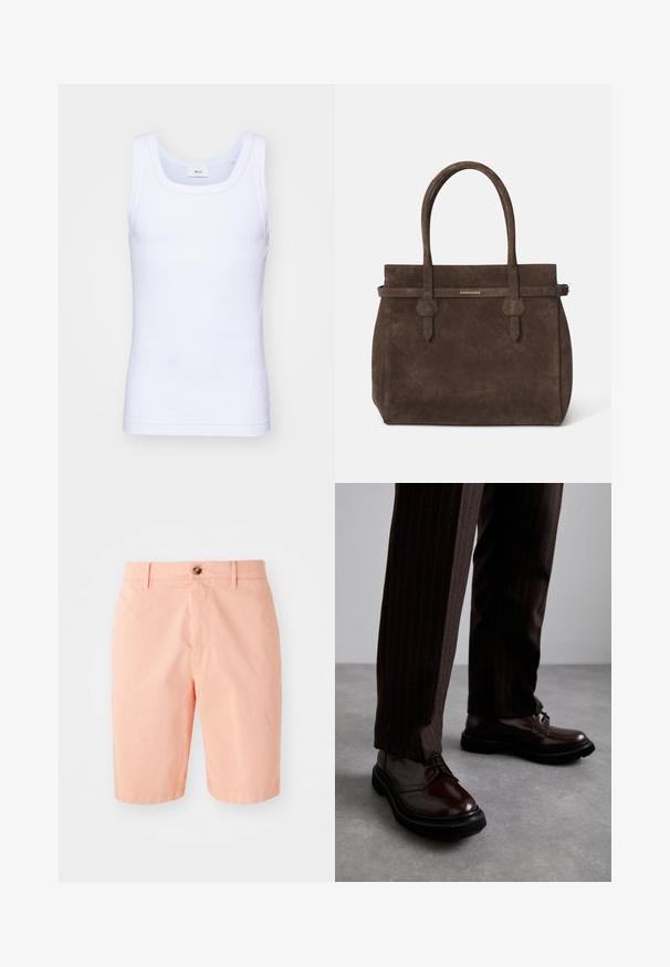 Débardeur sans manches en coton blanc avec un col rond, présentant une texture lisse et une coupe ajustée, conçu pour un usage décontracté.; Shorts de couleur pêche en tissu léger, avec un design classique, une fermeture à bouton sur le devant et des poches latérales.; Chaussures en cuir marron à lacets avec une finition brillante, semelle en caoutchouc noire et coutures discrètes. Portées avec un pantalon marron à rayures.; Sac fourre-tout en suède marron foncé avec des anses doubles et une sangle horizontale surmontée d'une petite plaque en or portant le logo DSQUARED2.
