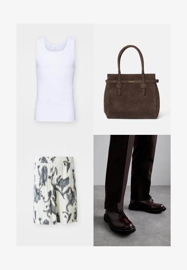 Valge puuvillane golfi särk ilma varrukateta, ümmarguse kaelusega, sileda tekstuuri ja sobiva lõikega, mõeldud igapäevaseks kandmiseks.; Valged šortsid musta sidrunimustriga, millel on elastne vöökoht ja hingav kangas mugavuse tagamiseks. Õhuline disain ja laiem sobivus.; Pruun nahast nööbitavad kingad läikiva viimistlusega, musta kummist tallaga ja peene tikandiga. Kanda pinstriped pruunide pükstega.; Tumed pruun nubukist öksohva, millel on kaks käepidet ja horisontaalne rihm, millel on väike kuldne DSQUARED2 logo plaat.