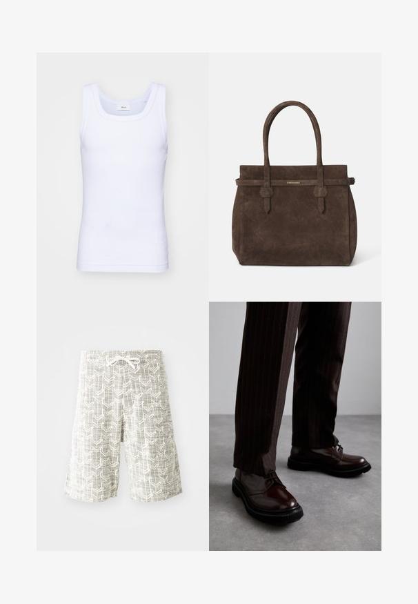 Canottiera bianca in cotone senza maniche con scollatura rotonda, caratterizzata da una texture liscia e una vestibilità aderente, progettata per l'abbigliamento casual.; Pantaloni corti leggeri realizzati in tessuto intrecciato, con un motivo geometrico grigio e bianco, cintura elastica con cordoncino e vestibilità ampia.; Scarpe stringate in pelle marrone con finitura lucida, suola in gomma nera e cuciture sottili. Indossate con pantaloni marroni a righe.; Borsa a spalla in suede marrone scuro con doppi manici e una tracolla orizzontale, dotata di una piccola placca con il logo DSQUARED2 in oro.