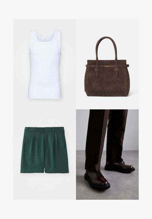 Biela bavlnená tielko bez rukávov s okrúhlym výstrihom, s hladkou textúrou a priliehavým strihom, navrhnuté pre neformálne nosenie.; Tmavozelené kraťasy vyrobené z textúrovanej látky s vzorom rybej kosti. Obsahujú záhyby a pás, strihané do dĺžky kolien.; Hnedé kožené šnurovacie topánky s lesklým povrchom, čierna gumová podrážka a jemné švy. Nosené s hnedými prúžkovanými nohavicami.; Tmavohnedá semišová taška s dvoma uchami a horizontálnym popruhom, ktorý obsahuje malú zlatú nášivku s logom DSQUARED2.