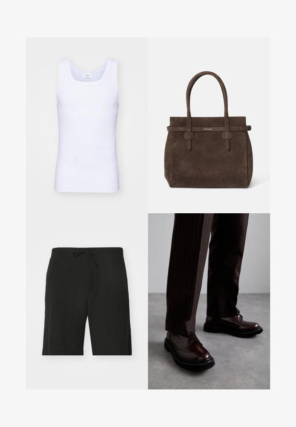 Biela bavlnená tielko bez rukávov s okrúhlym výstrihom, s hladkou textúrou a priliehavým strihom, navrhnuté pre neformálne nosenie.; Čierne ľanové šortky s viazaním v páse, vo voľnom strihu a dĺžke po kolená. Hladká textúra, jednoducho a klasicky štýlové.; Hnedé kožené šnurovacie topánky s lesklým povrchom, čierna gumová podrážka a jemné švy. Nosené s hnedými prúžkovanými nohavicami.; Tmavohnedá semišová taška s dvoma uchami a horizontálnym popruhom, ktorý obsahuje malú zlatú nášivku s logom DSQUARED2.