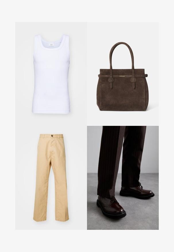 Valkoinen puuvillainen hihaton toppi, jossa on pyöreä pääntie. Topissa on sileä pinta ja se on muotoiltu istuvaksi, suunniteltu rentoon käyttöön.; Khaki chinot suoralla lahkeella, valmistettu puuvillakankaasta, jossa on edessä nappisulku ja vyölenkit. Sileä kangas, ilman kuvioita.; Ruske nahkasaapad, joissa on kiiltävä pinta, musta kumipohja ja hienovarainen ompelu. Yhdistetty raitapolkkaisiin ruskeisiin housuihin.; Tummanruskea samettinen olkalaukku, jossa on kaksinkertaiset kahvat ja vaakasuuntainen hihna, jossa on pieni kultainen DSQUARED2-logo-plaatti.