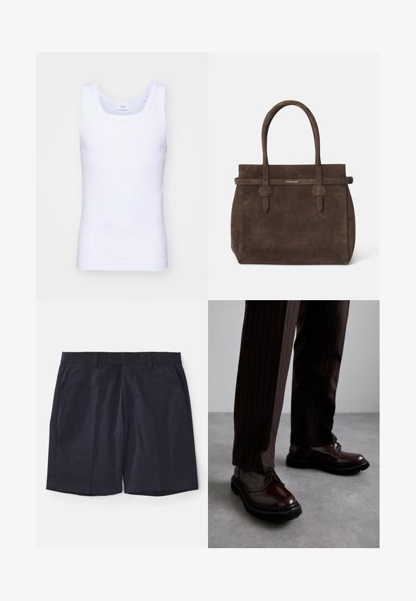 Biela bavlnená tielko bez rukávov s okrúhlym výstrihom, s hladkou textúrou a priliehavým strihom, navrhnuté pre neformálne nosenie.; Námornícke modré šortky z hladkého materiálu s rovnou prednou časťou, pútkami na opasok a bočnými vreckami; zakončené priamymi okrajmi pre čistý vzhľad.; Hnedé kožené šnurovacie topánky s lesklým povrchom, čierna gumová podrážka a jemné švy. Nosené s hnedými prúžkovanými nohavicami.; Tmavohnedá semišová taška s dvoma uchami a horizontálnym popruhom, ktorý obsahuje malú zlatú nášivku s logom DSQUARED2.