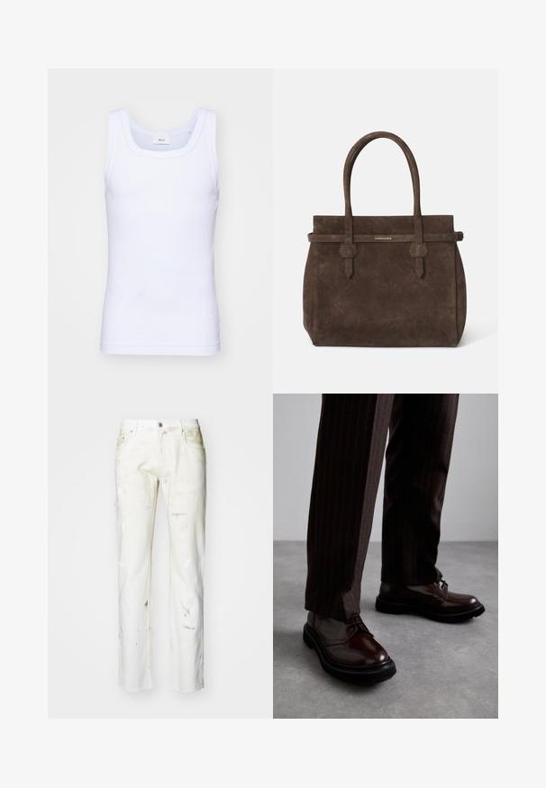Débardeur sans manches en coton blanc avec un col rond, présentant une texture lisse et une coupe ajustée, conçu pour un usage décontracté.; Jean en denim blanc avec une coupe droite. Présente des taches de peinture visibles, un zip et cinq poches. Texture douce avec un aspect légèrement usé.; Chaussures en cuir marron à lacets avec une finition brillante, semelle en caoutchouc noire et coutures discrètes. Portées avec un pantalon marron à rayures.; Sac fourre-tout en suède marron foncé avec des anses doubles et une sangle horizontale surmontée d'une petite plaque en or portant le logo DSQUARED2.