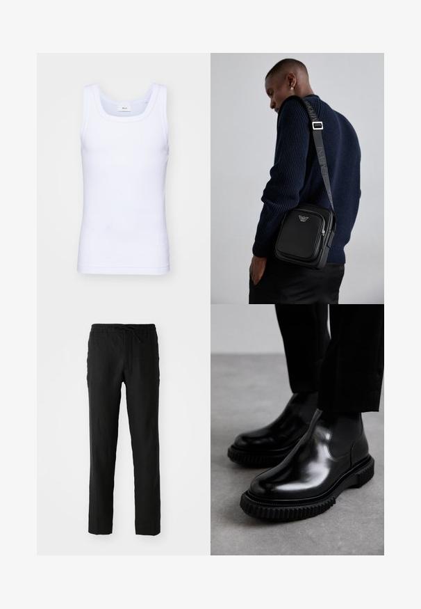 Valge puuvillane golfi särk ilma varrukateta, ümmarguse kaelusega, sileda tekstuuri ja sobiva lõikega, mõeldud igapäevaseks kandmiseks.; Mustad linasest kangast püksid, millel on elastne vöökoht ja nöör. Sirge lõige ja sile tekstuur. Sobivad igapäevaseks kandmiseks.; Mustad musta nahast chelsea saapad, millel on sile viimistlus, elastsed külgpaneelid ja paksude tekstuuriga kummitald, millel on robustne tallapind.; Must mustast nahkrist kotti, millel on lukkudega sektsioon, logo detail ja bränditud reguleeritav rihm. Kanda tekstuurse tumesinise sviitri vastu.