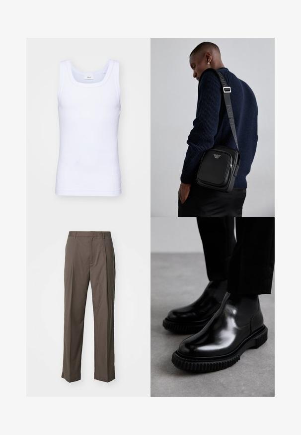 Valge puuvillane golfi särk ilma varrukateta, ümmarguse kaelusega, sileda tekstuuri ja sobiva lõikega, mõeldud igapäevaseks kandmiseks.; Emporio Armani Püksid - chocolate chip; Mustad musta nahast chelsea saapad, millel on sile viimistlus, elastsed külgpaneelid ja paksude tekstuuriga kummitald, millel on robustne tallapind.; Must mustast nahkrist kotti, millel on lukkudega sektsioon, logo detail ja bränditud reguleeritav rihm. Kanda tekstuurse tumesinise sviitri vastu.