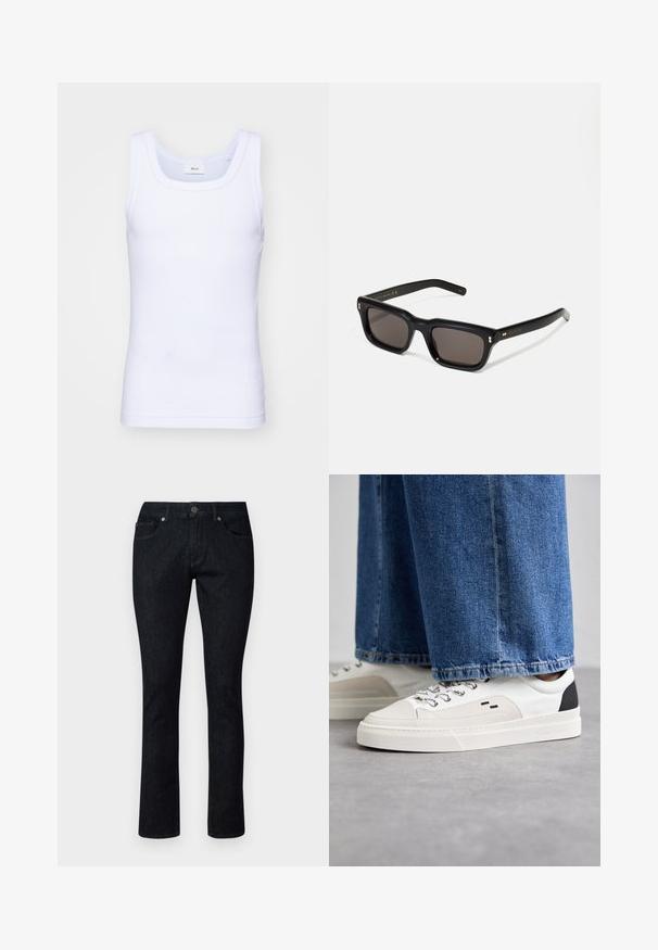 Bela bombažna brezrokavna majica s krošnjo, ki ima gladko teksturo in prilegajočo obliko, zasnovana za sproščeno nošenje.; Temno modri kavbojki s ravnim krojem, ki vključujejo sprednje žepke, gumbno zapiranje in kontrastno šivanje. Brez vidnih vzorcev ali obrabe.; Bela in črna športna obuvala z gladkim usnjenim zgornjim delom, teksturiranimi detajli in masivnim belim podplatom. Imajo klasičen dizajn z vezalkami.; Črne pravokotne sončna očala s temnimi lečami, debelim plastičnim okvirjem, zlatimi detajli na templjih in izgravirano blagovno znamko na ročaju.