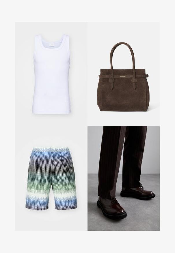 Bílé bavlněné tílko bez rukávů s kulatým výstřihem, s hladkou texturou a přiléhavým střihem, navržené pro volnočasové nošení.; Pánské plavkové šortky se zigzag vzorem v gradientních odstínech černé, tmavě zelené, modro-zelené a modré, s elastickým pasem a lehkým materiálem.; Hnědé kožené šněrovací boty s lesklým povrchem, černou gumovou podrážkou a jemným štepováním. Nosené s hnědými pruhovanými kalhotami.; Tmavě hnědá semišová taška s dvojitými uchy a horizontálním popruhem se štítkem s malým zlatým logem DSQUARED2.