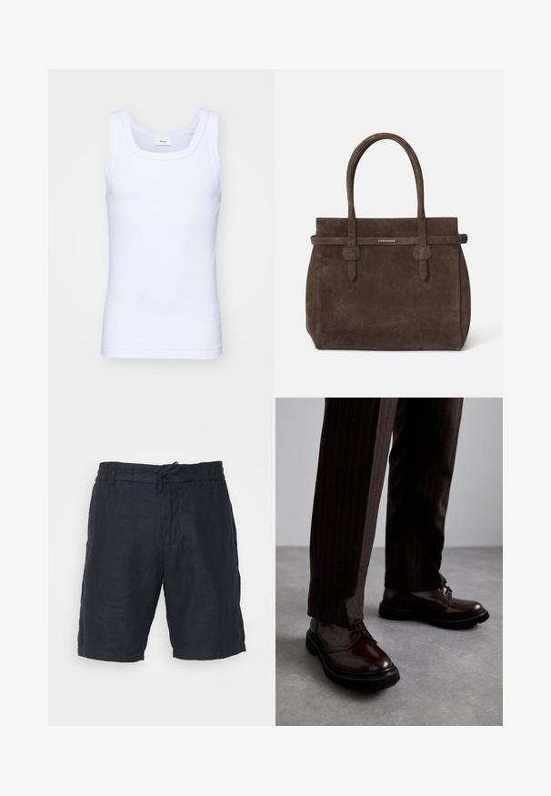 Débardeur sans manches en coton blanc avec un col rond, présentant une texture lisse et une coupe ajustée, conçu pour un usage décontracté.; NN.07 SEB - Short - black; Chaussures en cuir marron à lacets avec une finition brillante, semelle en caoutchouc noire et coutures discrètes. Portées avec un pantalon marron à rayures.; Sac fourre-tout en suède marron foncé avec des anses doubles et une sangle horizontale surmontée d'une petite plaque en or portant le logo DSQUARED2.