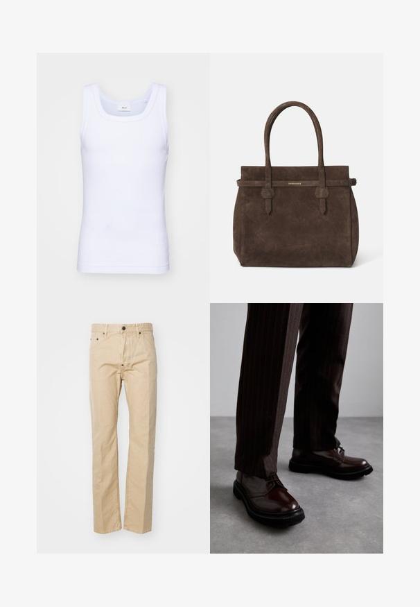 Biela bavlnená tielko bez rukávov s okrúhlym výstrihom, s hladkou textúrou a priliehavým strihom, navrhnuté pre neformálne nosenie.; Béžové bavlnené nohavice so strihom rovného nohavicu, s gombíkovým zapínaním, pútkami na opasok a prednými vreckami. Hladká textúra, minimálne švy.; Hnedé kožené šnurovacie topánky s lesklým povrchom, čierna gumová podrážka a jemné švy. Nosené s hnedými prúžkovanými nohavicami.; Tmavohnedá semišová taška s dvoma uchami a horizontálnym popruhom, ktorý obsahuje malú zlatú nášivku s logom DSQUARED2.