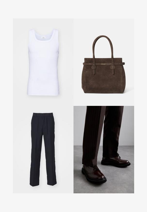 Valge puuvillane golfi särk ilma varrukateta, ümmarguse kaelusega, sileda tekstuuri ja sobiva lõikega, mõeldud igapäevaseks kandmiseks.; Tumed sinelõngast püksid, mis on valmistatud kerge kangaga, otse labaga disainiga, elastse vöökoha ja ilma nähtavate taskute või mustriteta.; Pruun nahast nööbitavad kingad läikiva viimistlusega, musta kummist tallaga ja peene tikandiga. Kanda pinstriped pruunide pükstega.; Tumed pruun nubukist öksohva, millel on kaks käepidet ja horisontaalne rihm, millel on väike kuldne DSQUARED2 logo plaat.