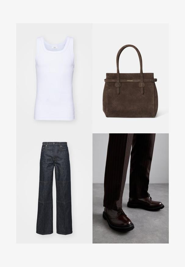 Valge puuvillane golfi särk ilma varrukateta, ümmarguse kaelusega, sileda tekstuuri ja sobiva lõikega, mõeldud igapäevaseks kandmiseks.; Helmut Lang CARPENTER - Avar lõikega teksad - raw indigo; Pruun nahast nööbitavad kingad läikiva viimistlusega, musta kummist tallaga ja peene tikandiga. Kanda pinstriped pruunide pükstega.; Tumed pruun nubukist öksohva, millel on kaks käepidet ja horisontaalne rihm, millel on väike kuldne DSQUARED2 logo plaat.