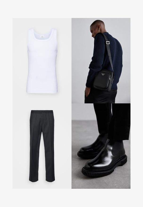 Biała bawełniana koszulka bez rękawów z okrągłym dekoltem, charakteryzująca się gładką fakturą i dopasowanym krojem, zaprojektowana do noszenia na co dzień.; Czarne spodnie o luźnym kroju, z elastycznym pasem, prostymi nogawkami i miękką, gładką fakturą materiału.; Czarne skórzane buty typu chelsea z gładkim wykończeniem, elastycznymi bocznymi panelami oraz grubą, teksturowaną gumową podeszwą z wyraźnym bieżnikiem.; Czarna skórzana torba na ramię z zamykaną kieszenią, detalem z logo i regulowanym paskiem z logo. Nosi ona na tle teksturowanego granatowego swetra.